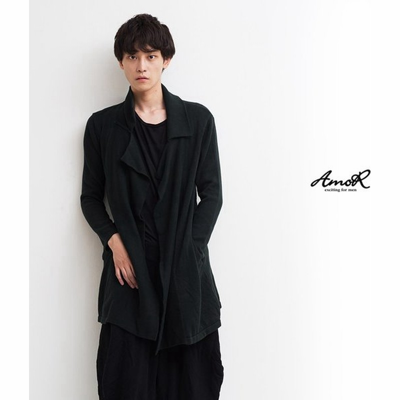 ガウンコート メンズ ロングコート ニット ジャケット 無地 襟付きニット アウター ニットジャケット ブラック モード系 艶黒 Amor 通販 Lineポイント最大0 5 Get Lineショッピング