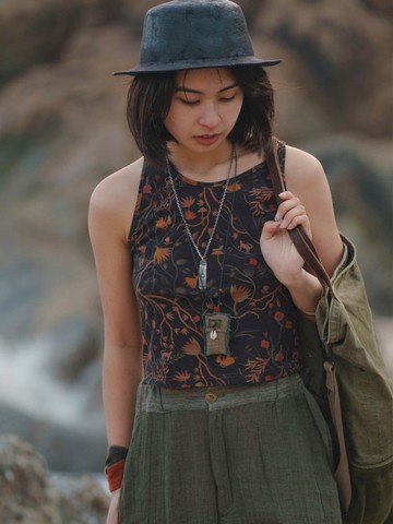 2顔色 全棉針織復古印花上衣 小圓領無袖瑜伽背心