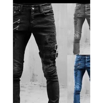 外貿男裝2023歐美新款機車個性牛仔褲時尚彈力小腳褲Men's jeans