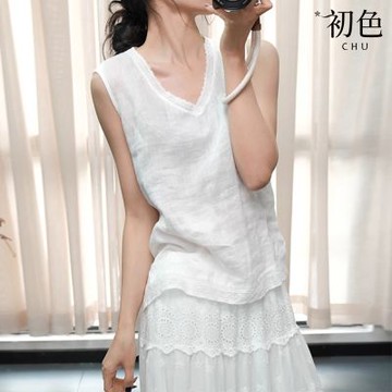 初色 日系文藝蕾絲花邊純色簡約休閒百搭無袖打底背心上衣女上衣-共2色-12641(M-2XL可選/現貨+預購)