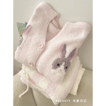 卡通粉色兔子毛絨加厚睡衣女冬季2025新款半邊絨保暖家居服可外穿