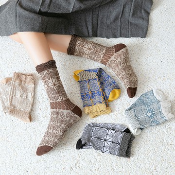 復古襪子 女襪 松口襪 日系 文藝 民族風 中筒襪 堆堆襪 韓版菱格ins潮長襪