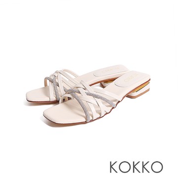 KOKKO閃亮輕奢水鑽柔軟綿羊皮涼拖鞋白色