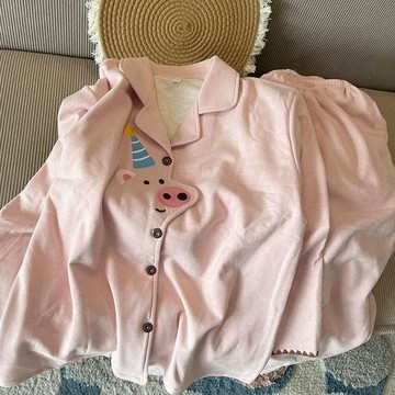 精品來襲 睡衣 德絨睡衣女秋冬季長袖長褲可愛卡通粉小豬少女可外穿家居服兩件套
