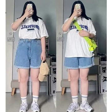 【胖MM大尺碼】XL-6XL 大尺碼短褲 牛仔短褲 300斤胖mm大碼鬆緊腰闊腿直筒牛仔短褲女夏季顯瘦百搭五分熱褲子