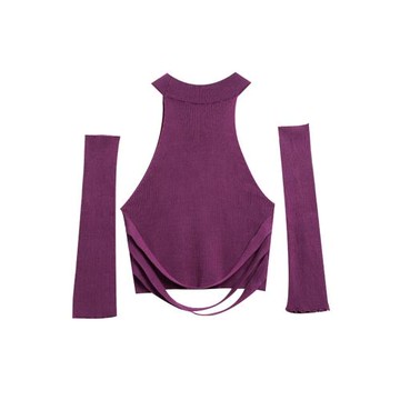 削肩紫色辣妹毛衣背心女冬季短款針織打底衫性感設計外穿袖套上衣