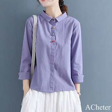 【ACheter】盤扣復古中國風翻領純色棉麻長袖襯衫文藝短版上衣# 122760(現貨+預購)