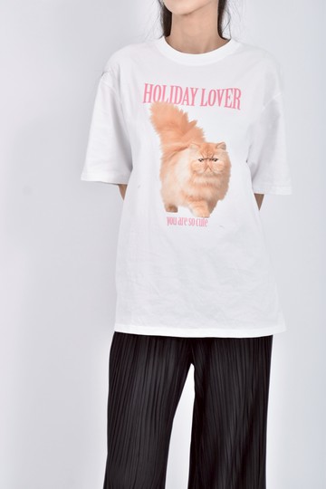 (F) pazzo質感棉質純棉貓貓寬鬆白色短袖上衣
