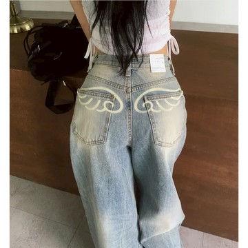 【太妮絲AA294】韓系 翅膀 印花 復古做舊 水洗寬鬆牛仔褲 闊腿褲 牛仔長褲 牛仔褲 高腰垂感 休閒 韓國INS個性