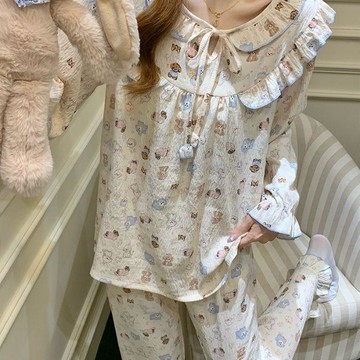 DUYI~夢詩 睡衣女春秋季長袖甜美花邊公主風薄款女士夏天家居服套裝