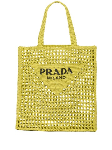 Prada - logo-embroidered raffia tote bag - women - Raffia - OS - Yellow