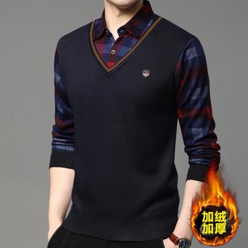 潮牌男士假兩件毛衣加絨加厚秋冬季中年襯衫領休閑打底針織衫上衣