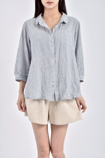 (S) samansa mos2質感棉質條紋七分袖藍色襯衫上衣