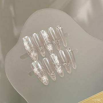 ➕最新設計款穿戴甲💅高級感手工穿戴甲片夏季冰透粉色美甲貼可拆卸小花朵堆鑽氣質顯白長尖橢圓穿戴甲 PBBQ