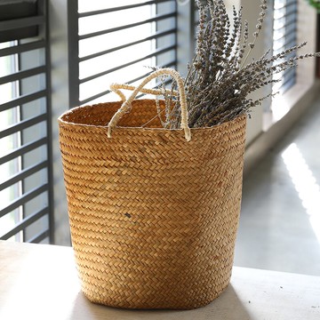 草編收納筐田園風 圓形手提籃客廳玩具收納籃 現代裝飾花盆套花籃