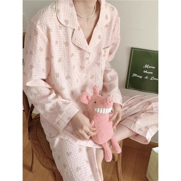 睡衣女春秋款2025年新款純棉長袖甜美可愛格子日系薄款家居服套裝