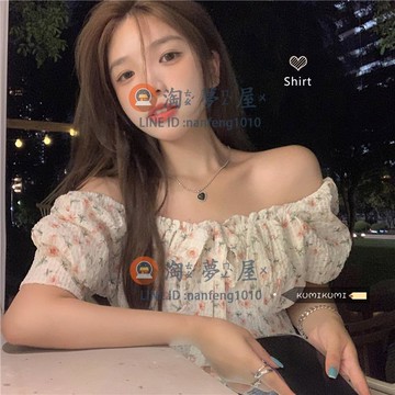 一字肩碎花襯衫夏季短袖襯衣女 設計感小眾修身上衣【淘夢屋】