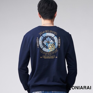 鬼洗 BLUE WAY – 日式花布鬼頭繡花長TEE(丈青)