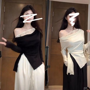 【綁帶斜肩設計】女裝上衣 不規則蕾絲拼接 長袖T恤 早秋 性感 修身 別緻 甜辣 上衣 女裝