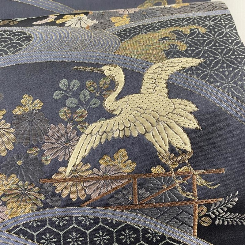 袋帯 美品 名品 証紙あり 草花 鶴 箔 青黒 お太鼓柄 正絹 中古 通販 