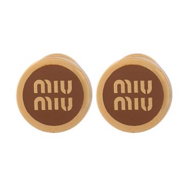 MIU MIU 經典LOGO圓形搪瓷金屬耳環(金色/焦糖色)
