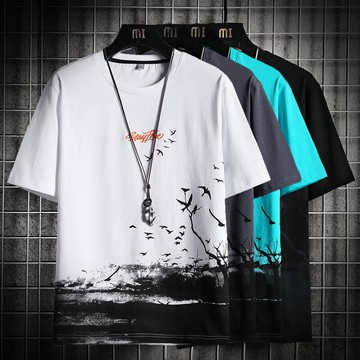 夏季中國風ins短袖t恤男士冰絲中國潮流寬松純棉潮牌冰感圓領半袖