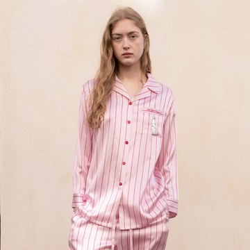 NotJustPajama心動博物館系列 粉色條紋真絲長袖長褲睡衣套裝 - 粉色條紋-M