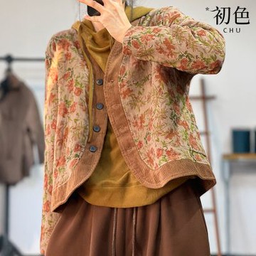 初色 民族風寬鬆提花單排釦V領夾棉長袖外套女外套-花色-16729(M-2XL可選)