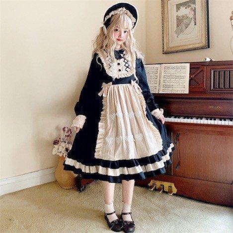 Lolitaワンピース メイド服 レディース OPワンピース 長袖 フリル袖