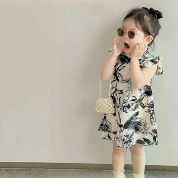 夏日新品~漢服女童洋裝夏裝新款裙水墨畫裙子兒童童裝新中式 女童連衣裙 韓版連身裙 夏日洋裝 可愛裙子