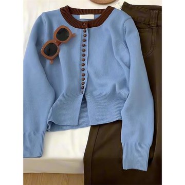 歐貨重磅早秋新款女裝2025藍色開衫針織衫毛衣高級感設計感上衣潮