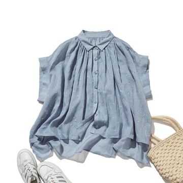 夏日經典！輕盈亞麻印花襯衫 碎花圖案 超寬鬆廓形 藍灰色 250801-3