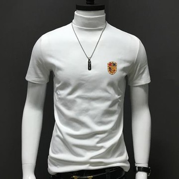 中高領T恤男短袖 個性內搭潮半袖夏季絲光棉體恤男士莫代爾打底衫