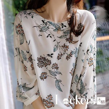 【Lockers 木櫃】文藝印花蝙蝠袖圓領桑蠶絲上衣 L113070103