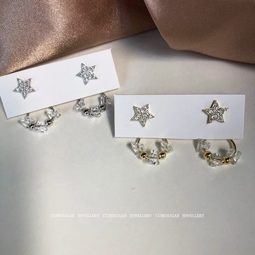 方糖家 S925純銀星星玻璃吊墜耳釘剔透晶瑩精致靈動韓國耳環耳飾1入