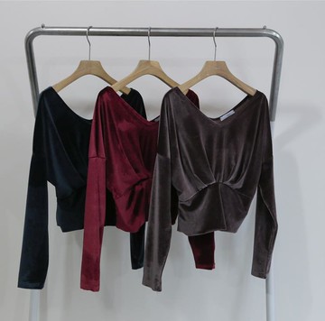 秋冬新款連袖金絲絨T恤寬松顯瘦前后V領短款純色上衣大碼女裝1入