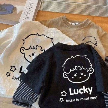 Healthy baby 新款兒童休閒男童秋裝長袖打底衫簡約圓領假兩件T恤春秋上衣t  男童長袖 兒童打底  春秋長袖