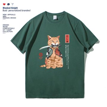 潮牌日系復古貓咪印花短袖t恤男夏季新款純棉寬松休閑情侶裝半袖