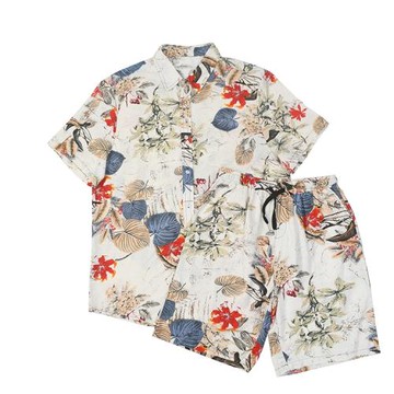 透氣麻料 夏威夷度假海邊沙灘花襯衫 舒適休閑寬松短袖套裝衫1928