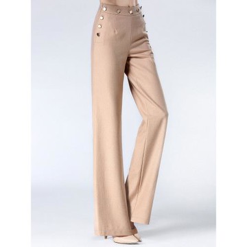 拓美2025秋冬新款高端羊毛直筒褲女米駝色長褲顯瘦紐扣女褲垂順