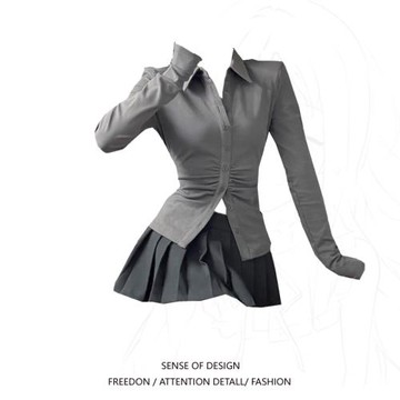 大碼女裝胖妹妹灰色辣妹褶皺泡泡袖襯衫+高腰百褶半身裙子兩件套