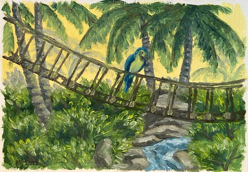 熱帶天堂油畫，森林插畫，阿拉鸚鵡，棕櫚樹，綠色