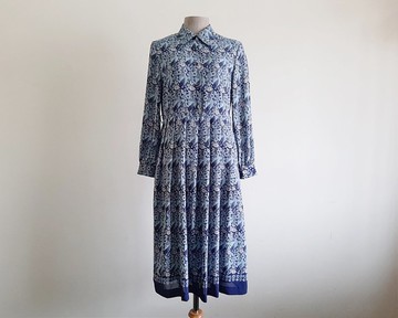 復古海軍藍碎花雪紡長袖襯衫裙 中碼 M