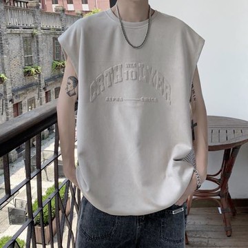 重磅麂皮絨背心男夏季美式復古高街潮牌大碼寬松運動無袖坎肩t恤