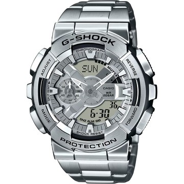 CASIO G-SHOCK 工業風大錶殼金屬雙顯手錶-銀 GM-110D-8A
