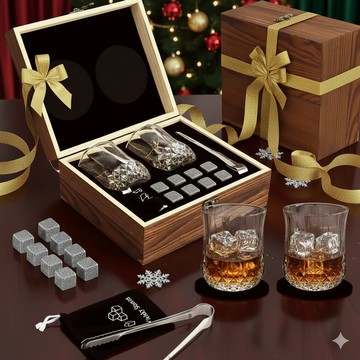新年快樂【GOFANA】Whiskey｜木盒威士忌杯大理石冰石組 / 玻璃杯x2、杯墊x2、冰石x8、冰鉗x1、天鵝絨袋x1 ｜啤酒紅白酒適用