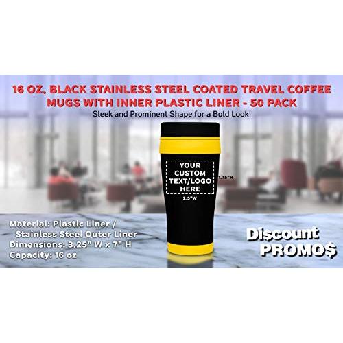 パーソナライズされた16 oz。Black Steel Travel Coffee Mug -50パックカスタムテキスト、ロゴ-イエロー