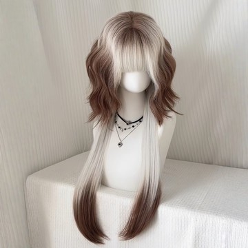 【KEKE】【拿鐵小熊】 假髮女 全頭套 漸變棕白 長捲髮 顯白 水母頭 cos 百搭 狼尾  孫蕓蕓長髮 仿真假髮