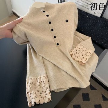初色 氣質撞色半高領排釦蕾絲長袖針織衫上衣女上衣-共2色-18045(F可選)