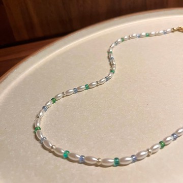 冷系藍綠隔珠水滴珍珠項鍊 串珠項鍊